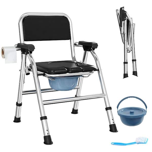 Adjustable Height Folding 4-in-1 19.5"x17.5" Bedside Commode Toilet Seat with Arms and Back in Black