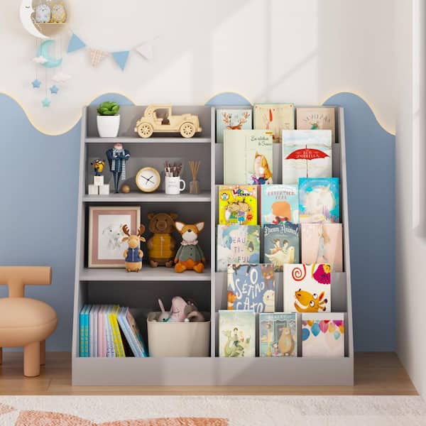 34.65 in. W Gray 4-Tier Front-Facing Kids Bookcase, Toy Storage Organizer with Display Shelves