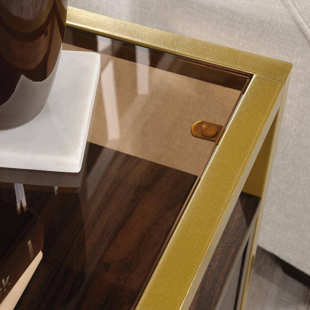 Harper Heights Luxe Walnut Side Table with Glass Top and Storage