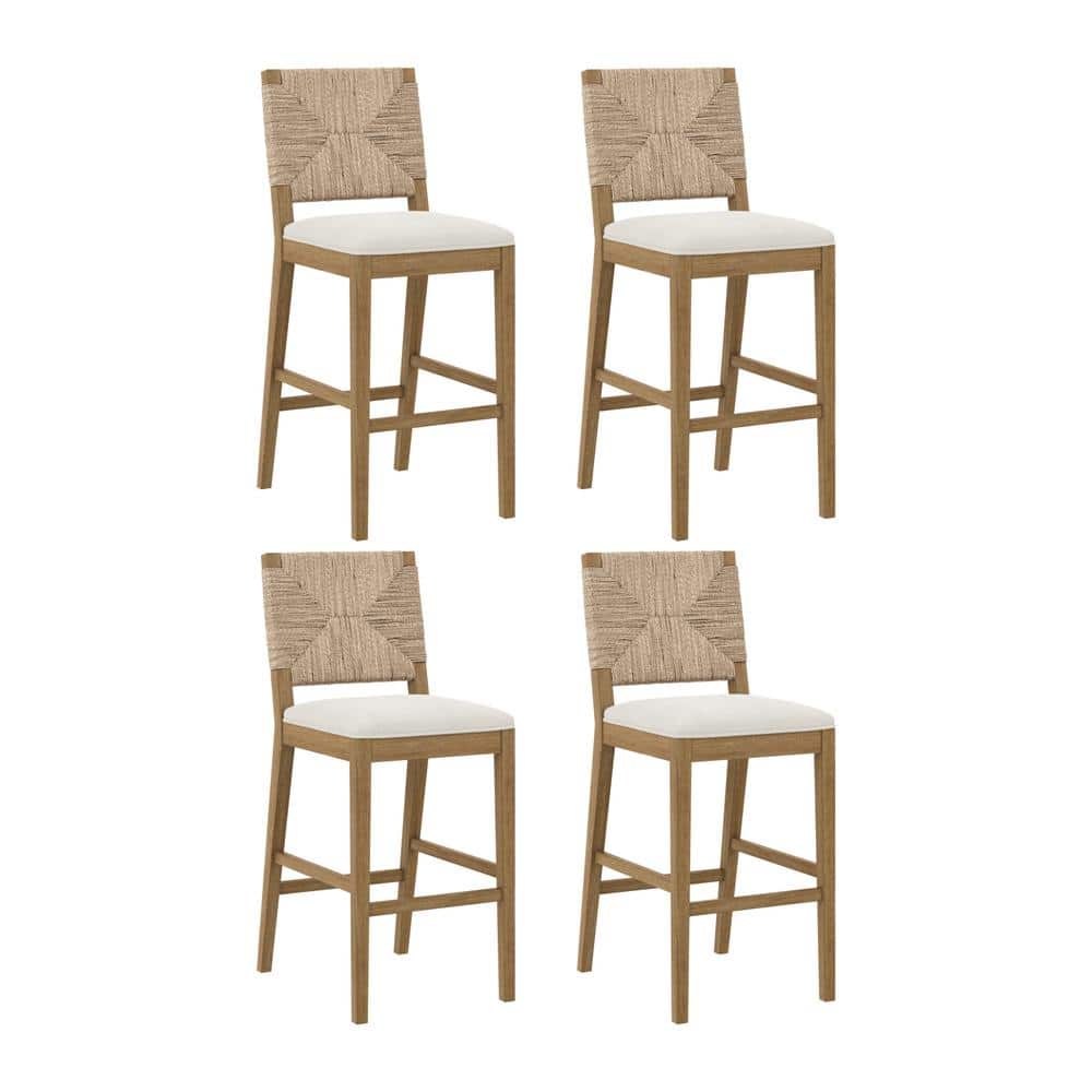Beacon Light Brown Wood Bar Stools with Woven Backrest, Set of 4