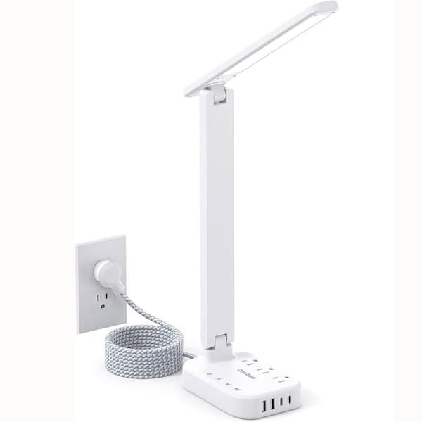 3-Outlet Power Strip with LED Desk Lamp, 4 USB Port-4 Mode 5 Level Touch Lamp and 10 ft. Extension Cord in White