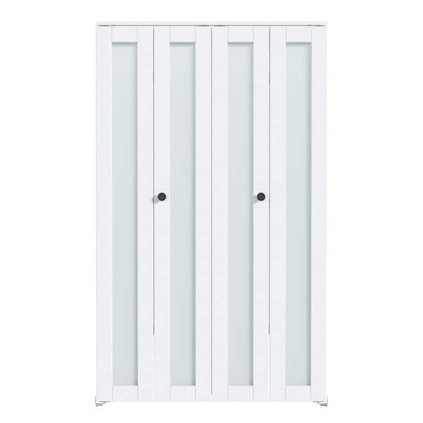 48 in. x 80 in. 1-Lite Tempered Frosted Glass White Finished Solid Core MDF Wood Bi-Fold Door with Hardware