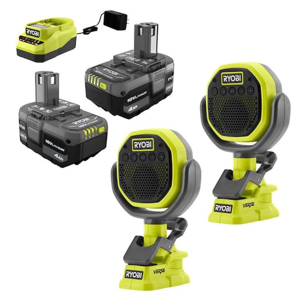 RYOBI ONE+ 18V Lithium-Ion 4.0 Ah Compact Battery (2-Pack) and Charger Kit with Clamp Speaker (2-Pack)