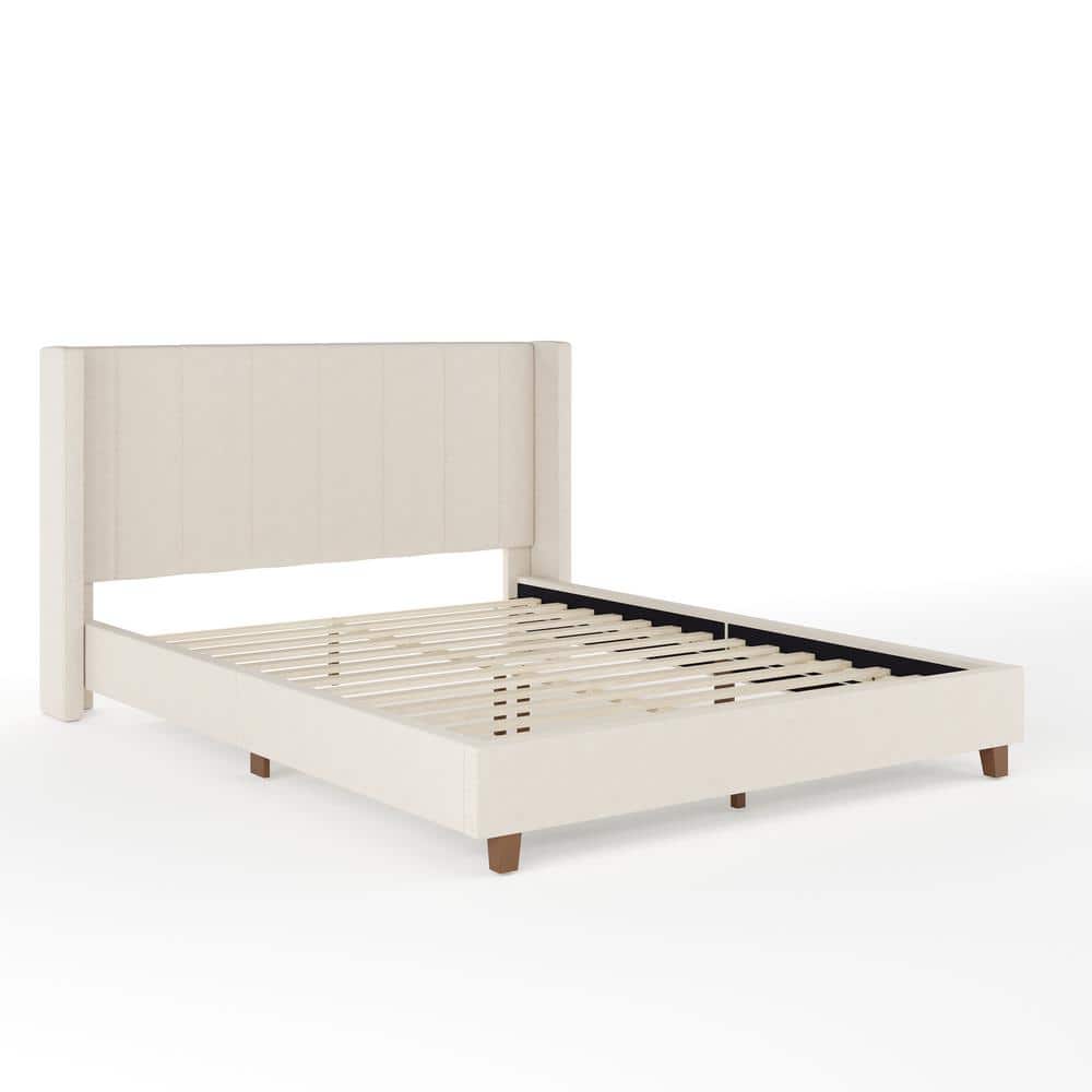MARTHA STEWART Kay Beige Wood Frame Queen Platform Bed with Upholstered Solid Wood TW-3WDB03B-Q-BG-MS