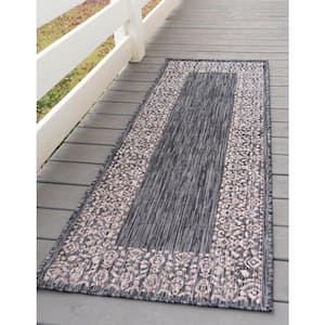 Outdoor Floral Border Charcoal Gray 2 ft. x 6 ft. Runner Rug