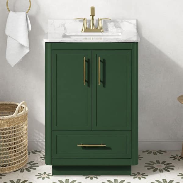 Tamsin 24 in. Single Sink Forest Green Bath Vanity with White Round Corner Engineered Marble Top (Assembled)