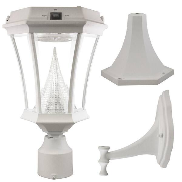 GAMA SONIC Victorian Single White Integrated LED Outdoor Solar Lamp with 3-Mounting Options 3 in. Fitter, Pier and Wall Mounts