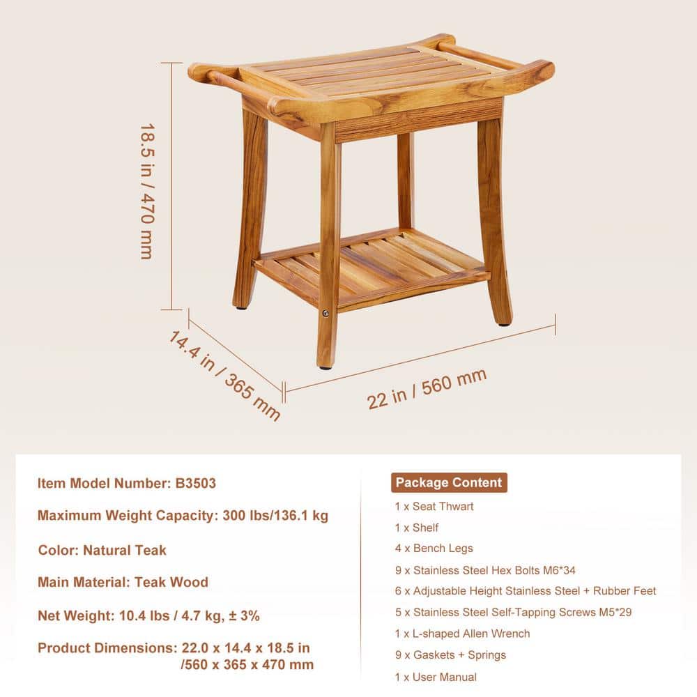 Teak Wood Shower Bench with Handles and Storage Shelf