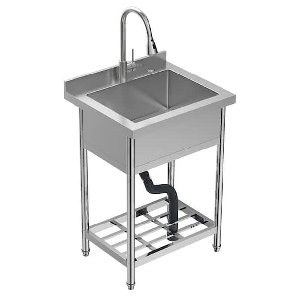 24 in. Freestanding Stainless Steel 1-Compartment Commercial Laundry/Utility Sink with Pull-Out Faucet