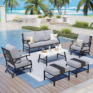 Black Meshed 7-Seat 6-Piece Metal Outdoor Patio Conversation Set with Gray Cushions and Table with Marble Pattern Top