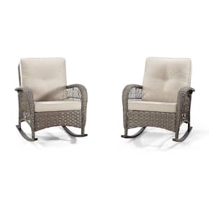 Brown Outdoor Wicker Patio Chairs with Beige Cushions for Porch Deck Garden Backyard (Set of 2)