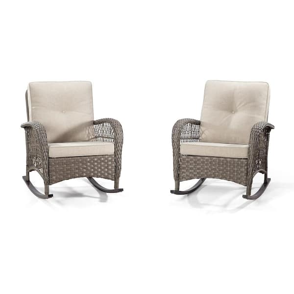 Brown Outdoor Wicker Patio Chairs with Beige Cushions for Porch Deck Garden Backyard (Set of 2)