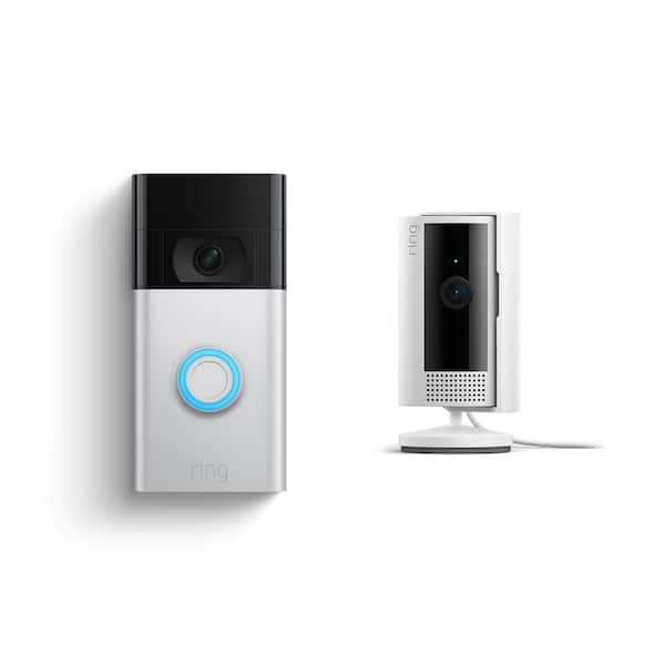 Ring Video Doorbell, Satin Nickel bundle with Ring Stick Up Cam Battery,  White