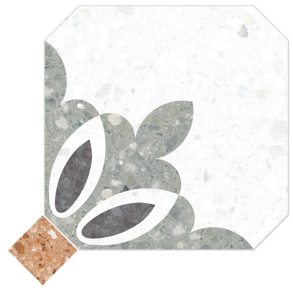 Merola Tile Riviera Octagon Verde with Taco Rojizo 8 in. x 8 in. Porcelain Floor and Wall Take Home Tile Sample