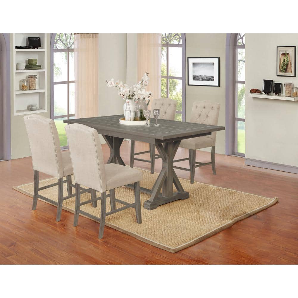 5-Piece Gray Counter Height Dining Set with Beige Linen Chairs