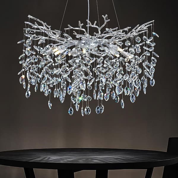 PUYRNF 10-light 30 in. Crystal Silver Tree Branches Dimmable Chandelier Living Room,High Ceiling,Foyer,Entryway,Kitchen Island