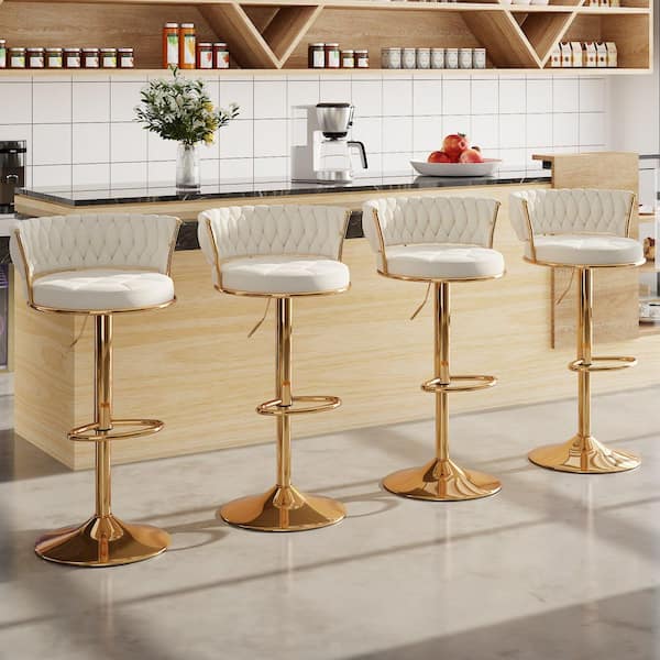 Adjustable Barstools Set, Counter Height Stools with Back and Arm, Velvet Woven Kitchen Island Stools, White Set of 4