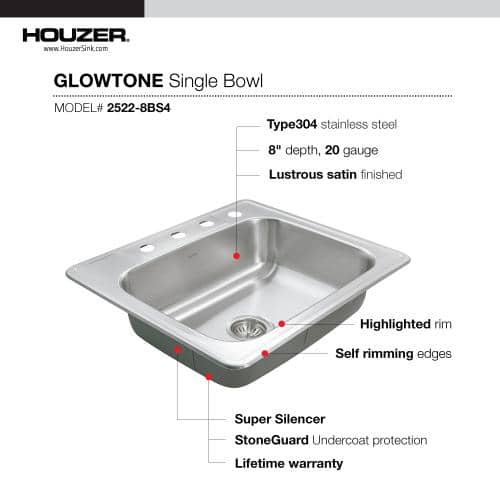 Glowtone 25" Stainless Steel Single Bowl Kitchen Sink with 4 Faucet Holes