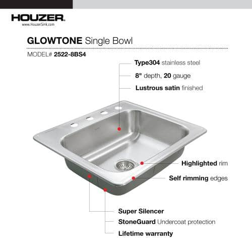 Houzer Glowtone 25 in. Stainless Steel Topmount 4-hole Single Bowl 8 in. Deep Kitchen Sink - 2522-8BS4-1