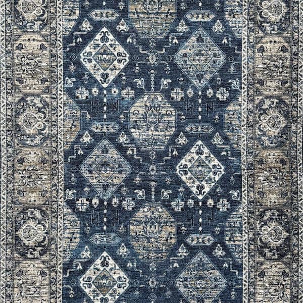 Runner Rug 2 ft. 2 in. x 10 ft. Navy-Blue Medallion Design Low-Pile Non-Slip Hallway Kitchen Runner Rug
