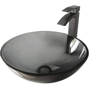 Glass Round Vessel Bathroom Sink in Sheer Black with Duris Faucet and Pop-Up Drain in Matte Black