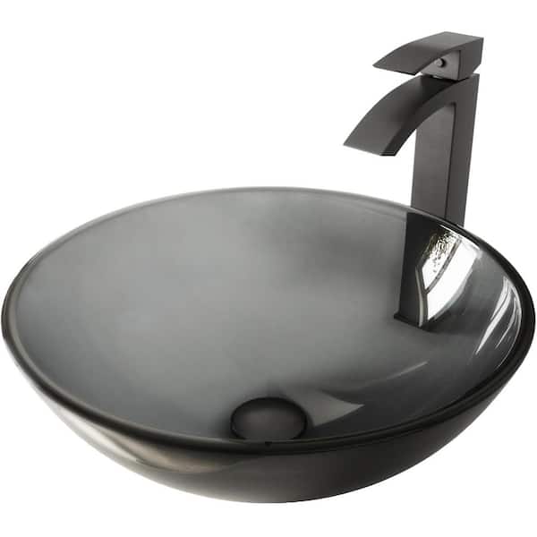 VIGO Glass Round Vessel Bathroom Sink in Sheer Black with Duris Faucet and Pop-Up Drain in Matte Black