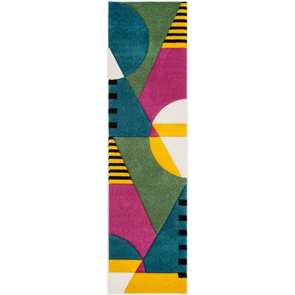 Hollywood 2 ft. x 14 ft. Peacock Blue/Fuchsia Abstract Geometric Runner Rug