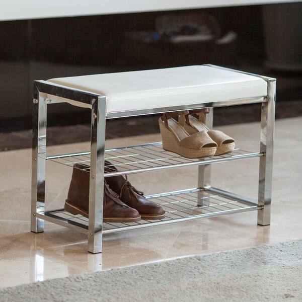 Danya B White Leatherette Storage Entryway Bench with Chrome Frame