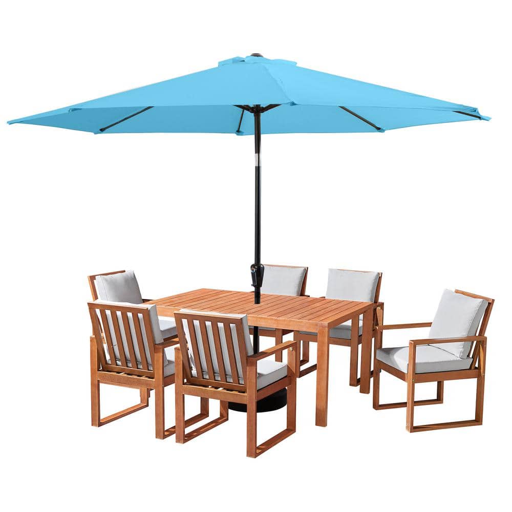 8 Piece Set, Weston Table with 6 Chairs, and 10-Foot Auto Tilt Umbrella Blu