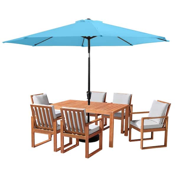 Alaterre Furniture 8 Piece Set, Weston Table with 6 Chairs, and 10-Foot Auto Tilt Umbrella Blue
