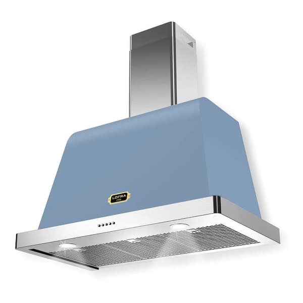 Dolcevita Series 36 in. 471 CFM Convertible Wall Mount Range Hood in Pigeon Blue with Brass Trim