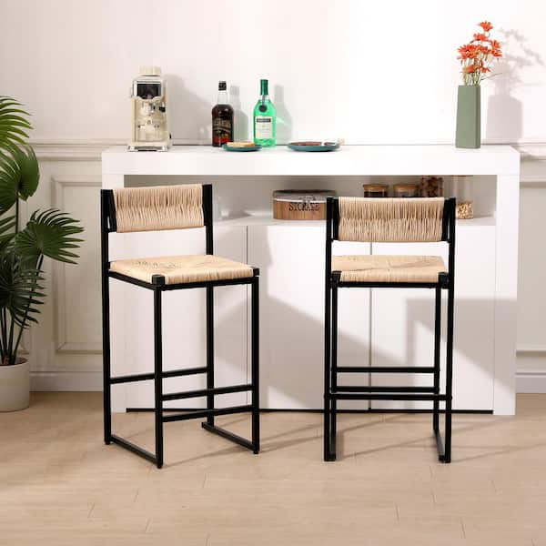Yelena Modern 25 in. H Honey Counter Height Metal Frame Bar Stools with Rope Weave Seat and Back, Set of 2