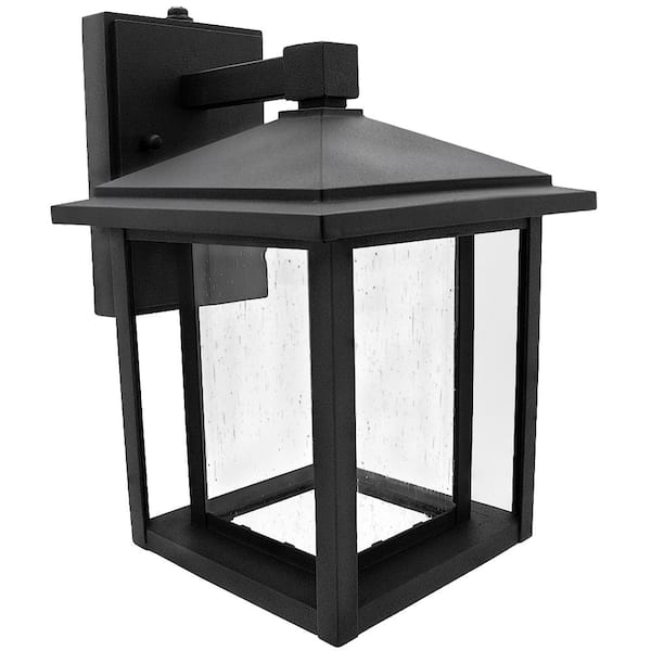 Maxxima 1-Light Black LED Outdoor Wall Lantern Sconce with Seeded Glass and Dusk to Dawn Sensor (1-Pack)