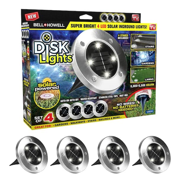 Bell + Howell Solar Powered Stainless Steel Outdoor Integrated LED Super Bright In-Ground Path Disk Lights (4 per Box)