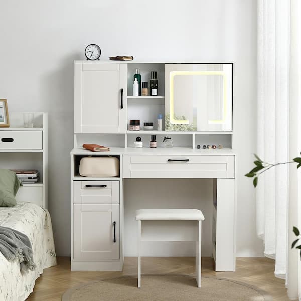 Unbranded 2-Piece White Makeup Vanity Set Large Sliding Lighted Mirror 2 Drawer Dressing Table with Shelves Upholstered Stool