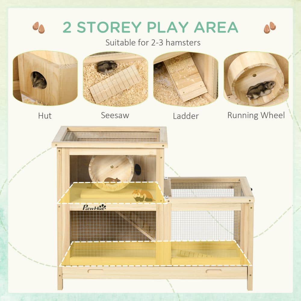 Natural Wooden Hamster Cage with Seesaw and Wheel