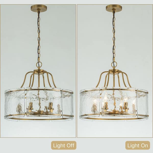 6-Light Brushed Gold Modern Farmhouse Drum Chandelier with Water Ripple Glass for Kitchen Island Dining Room Foyer