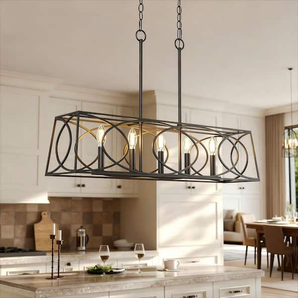 36.1 in. 5-Light Black Rectangular Chandelier with Metal Caged Shade, Farmhouse Pendant for Kitchen, Living Room, Foyer