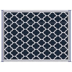 Reversible Outdoor Rug Carpet, 9' x 12' Waterproof Plastic Straw Rug, Portable RV Camping Rugs in Blue & White