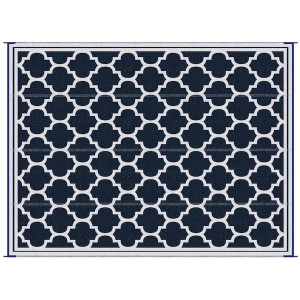 Reversible Outdoor Rug Carpet, 9' x 12' Waterproof Plastic Straw Rug, Portable RV Camping Rugs in Blue & White