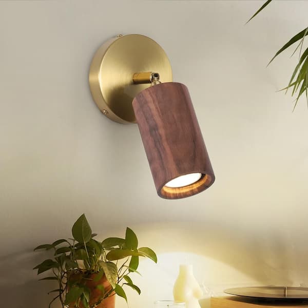 LUMORA 4.7 in. 1-Light Walnut Finish Cylinder Wall Sconce Track Lighting Spotlight with Rotatable Light Head