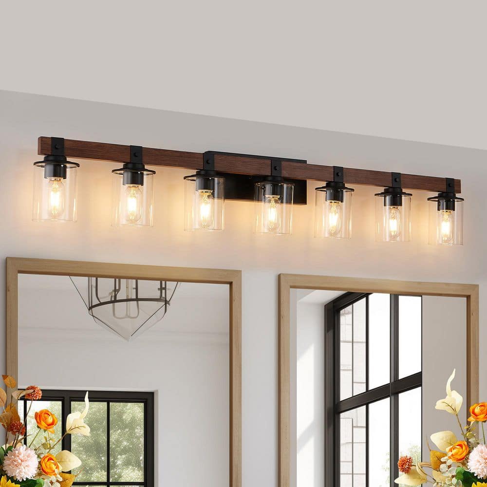 50 in. 7-Light Black and Vanity Light with Wood Accent and Clear Glass Shade price history on PriceWatchPro