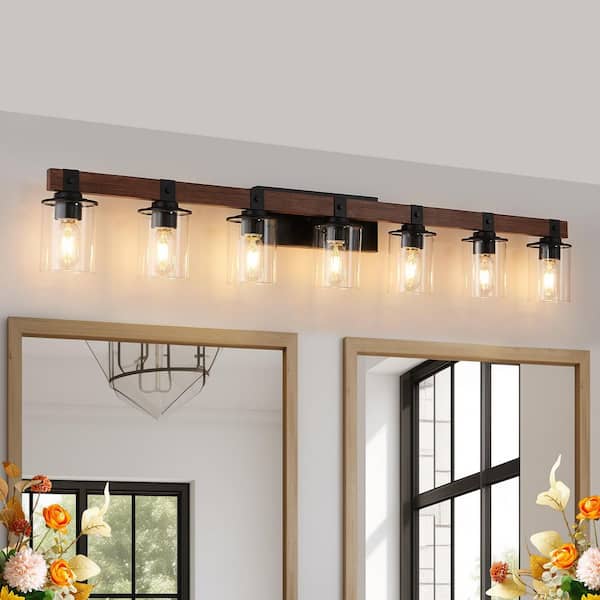 Byteany 50 in. 7-Light Black and Vanity Light with Wood Accent and Clear Glass Shade