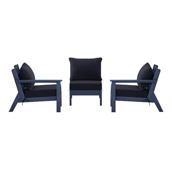 Birchwood Navy Blue Arrangeable 3-PC HDPE Deep Seating Outdoor Patio Conversation Sofa Armchair Set w/Navy Blue Cushions