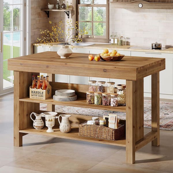 BYBLIGHT Keenyah Brown 55.12 in. W Farmhouse Kitchen Island w/ 2