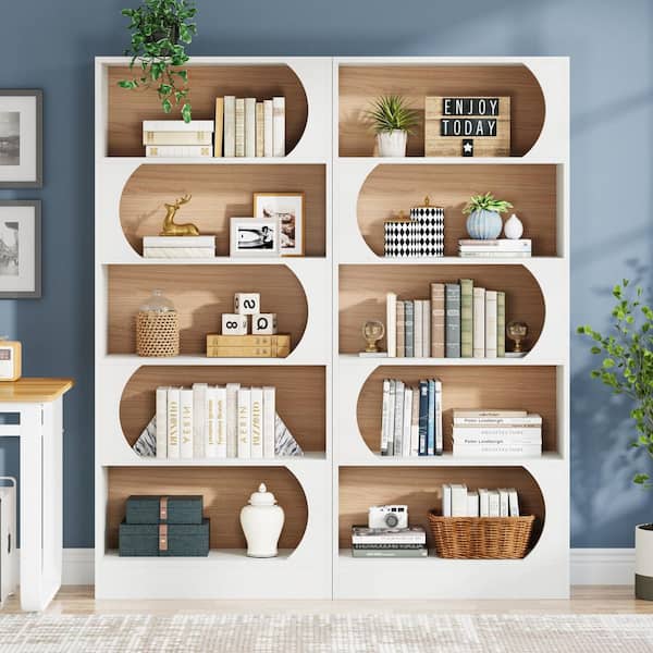 Jannelly 71 in. Tall White Wood 5-Shelf Standard Bookcase with Interior Shelves, Storage for Living Room Bedroom 2 PCS