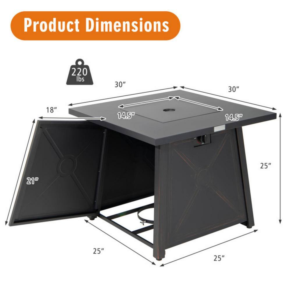 Black Steel 30-Inch Square Gas Fire Pit Table with Cover
