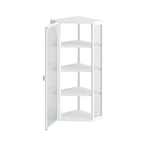 22.24 in. W. x15.94 in. D x 41.34 in. H White Glass Door Wall Mount Corner Cabinet with Featuring 4-Tier Storage,