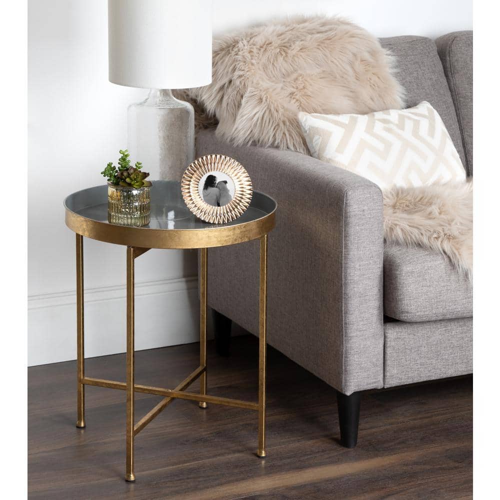 Gold and Gray Round Metal Mirrored End Table