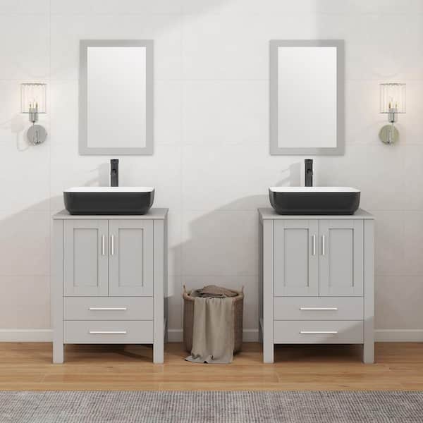 24 in. W x 20 in. D x 32 in. H Single Sink Bath Vanity in Gray with Gray Solid Surface Top and Mirror